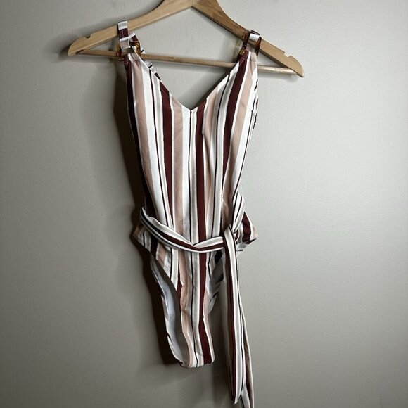 Cupshe Striped One Piece Swimsuit Tie Women's Sz S Straps Beachwear White Brown - Picture 1 of 8